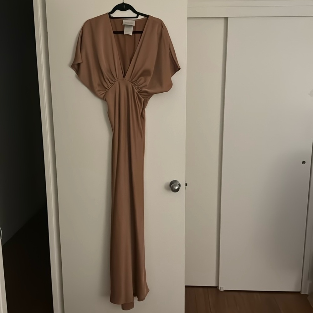 BHLDN Leila Deep V Flutter Sleeve Satin Gown